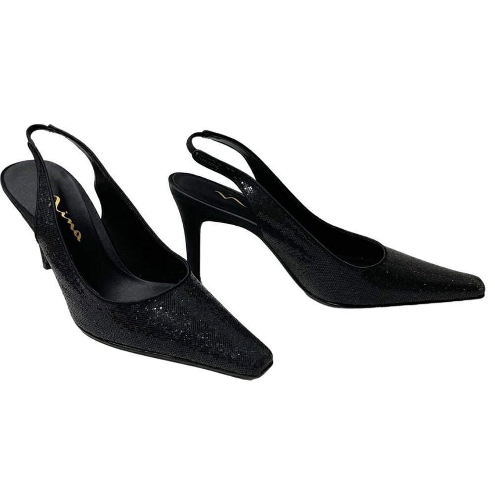 Nina Women's Taren Heels Size 8.5M Black Crystal Sling Backs Pointed Toe w/ Box